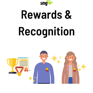 Two people shown smiling while wearing medals/badges with the heading "Rewards and Recognition"