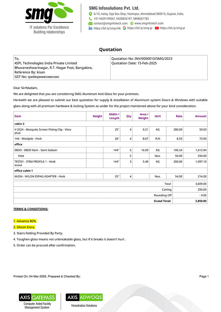 Glass Billing Format